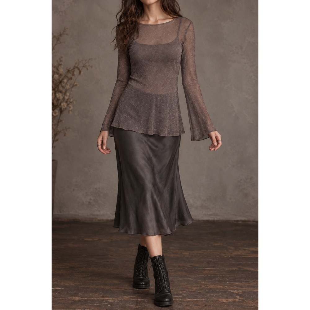 Sheer Metallic Sparkle Mesh Soft Grunge Bell Sleeve Top Gray/Purple Whimsygoth